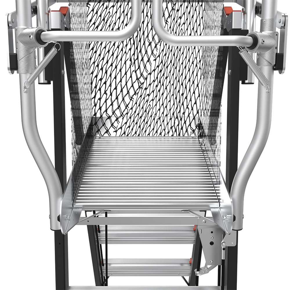 Escalera de Fibra de Vidrio  con Jaula de 8'-14' (2.44 - 4.27 m). Con Ajuste en Ruedas (RATCHET™ Leveler) (SKU:18515-817).
