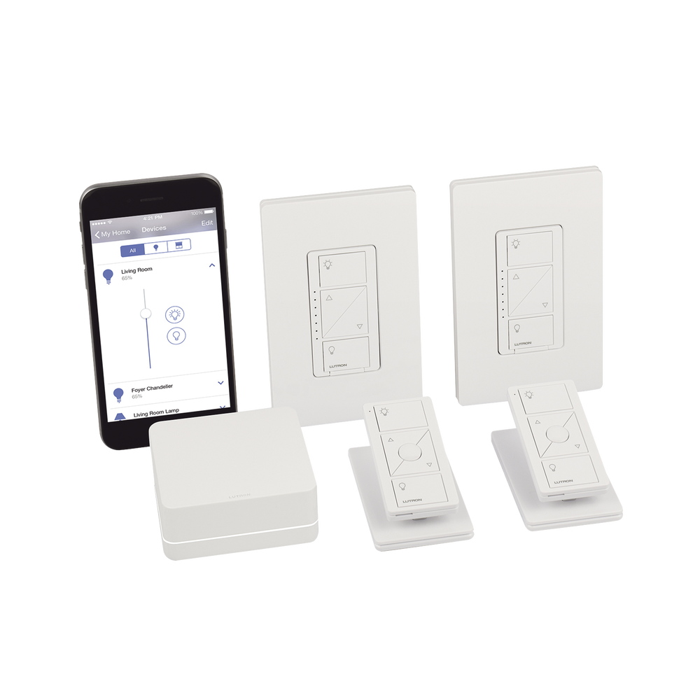 (Caseta Wireless) Kit Hub controlador, 2 atenuadores, 2 controles remotos, 2 base mesa y 2 tapas.