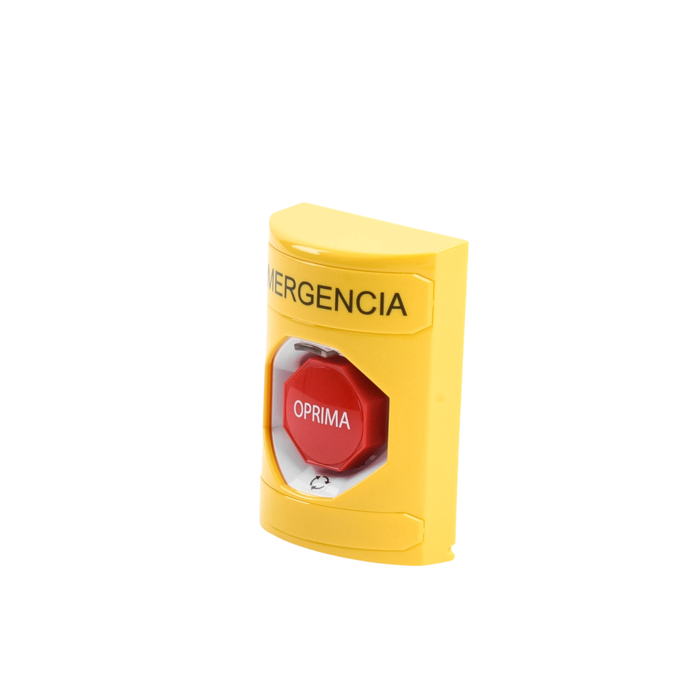 Botón de Emergencia en Español, Color Amarillo, Acción Mantenida, Girar para Restablecer y LED Multicolor