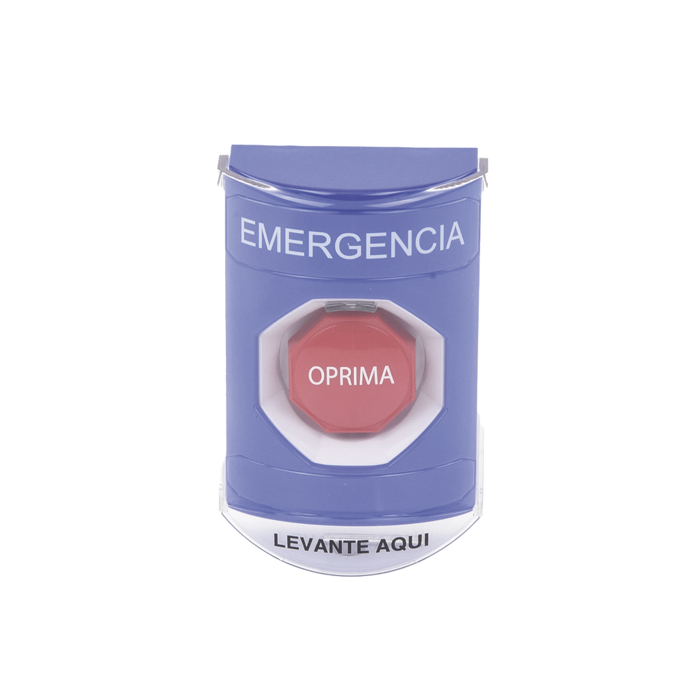 ?Botón Multipropósito, Color Azul, De Superficie, Con Tapa De Policarbonato, Con Bocina Pre Alarma, Solo Interior, Llave Para Restablecer, Texto De Emergencia, Español