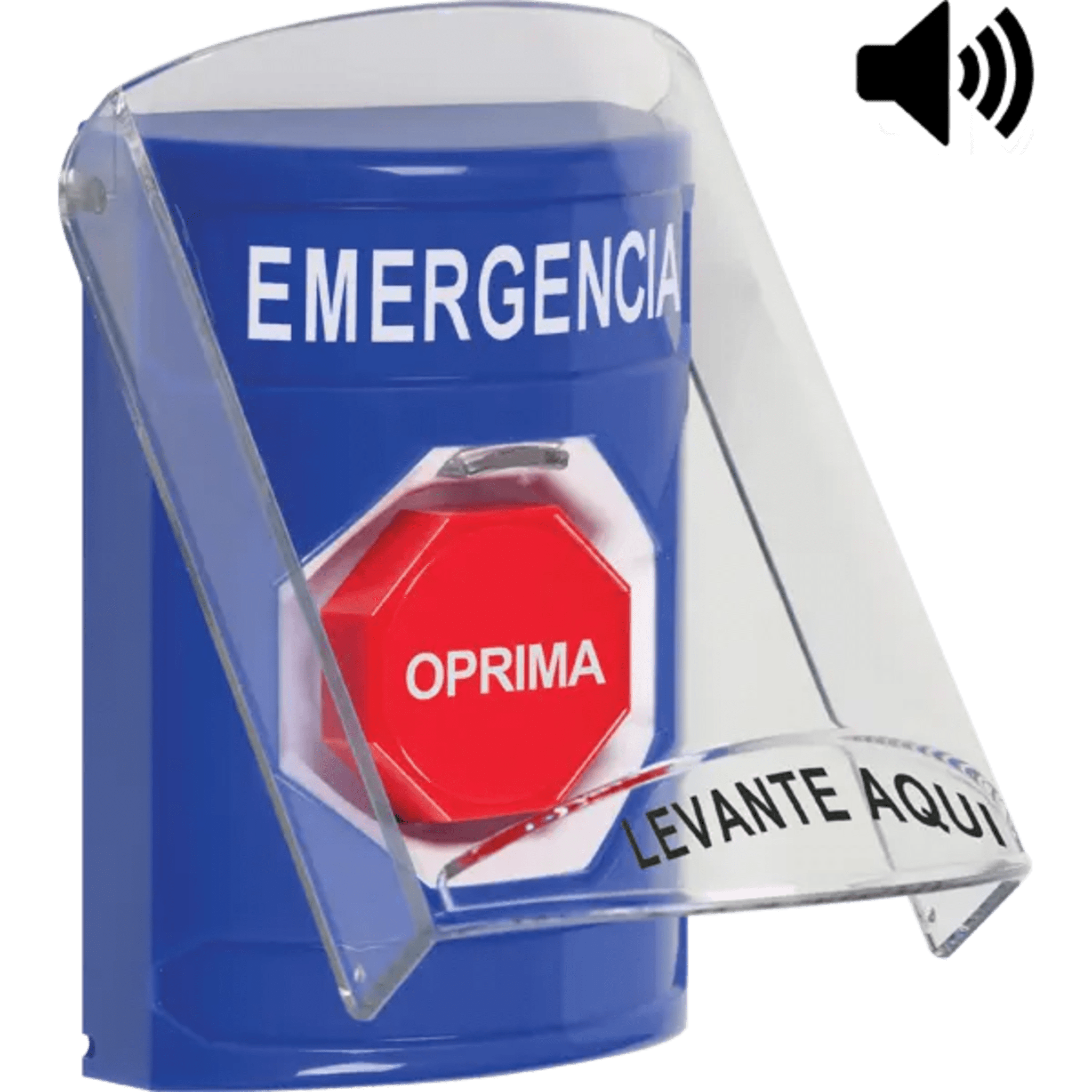 ?Botón Multipropósito, Color Azul, De Superficie, Con Tapa De Policarbonato, Con Bocina Pre Alarma, Solo Interior, Llave Para Restablecer, Texto De Emergencia, Español